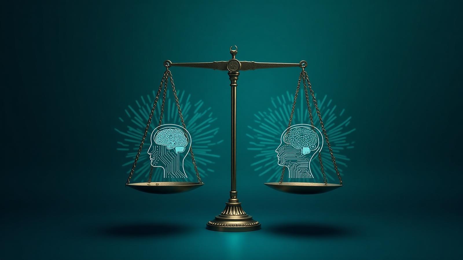 Visualización de alineamiento y ética de IA mostrando balanzas equilibradas