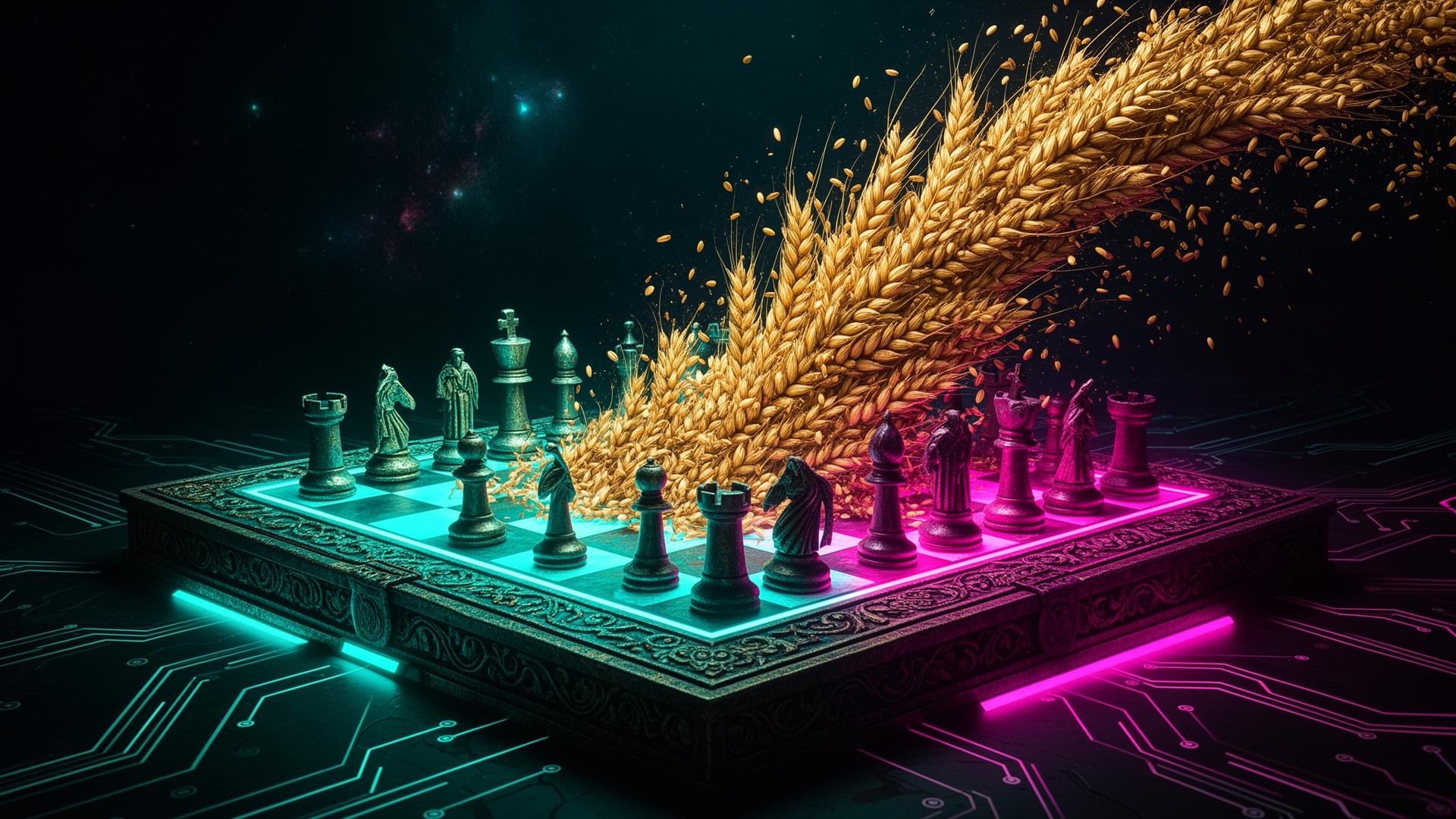 Neon chessboard with exponential wave of golden wheat erupting from the 33rd square