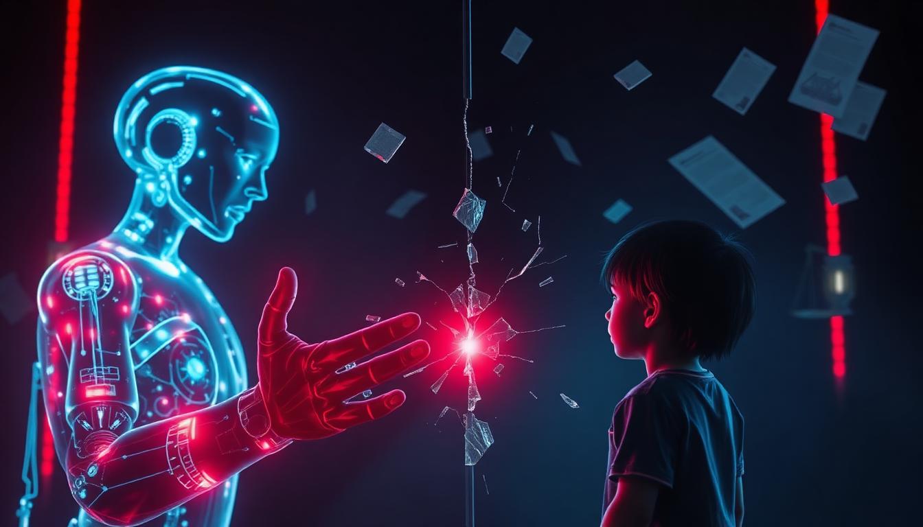 AI hologram reaching toward a child through shattered glass — representing the lethal danger of anthropomorphic AI design