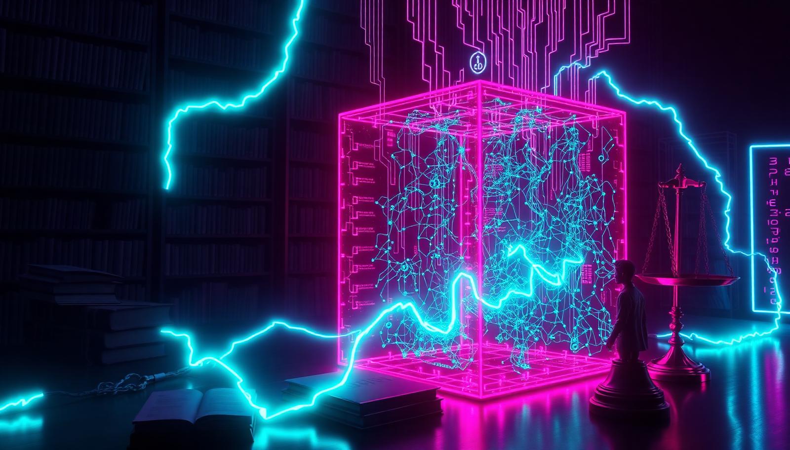 Neon provenance ledger tracing books into an AI neural network cube beside judicial scales