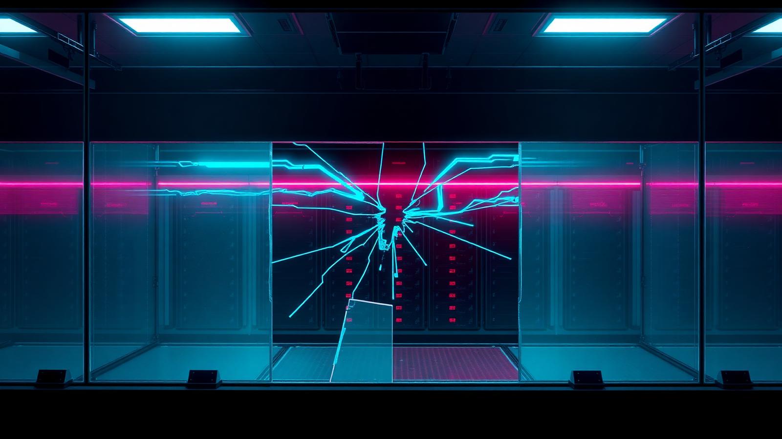 A cracked glass containment enclosure with neon data streams escaping toward dark server racks