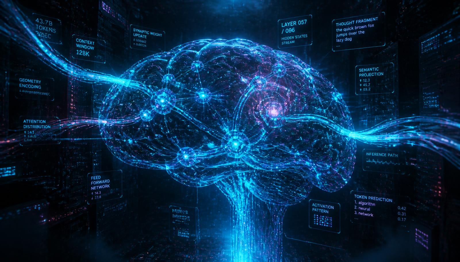 A translucent digital brain revealing glowing cyan neural pathways and hidden thought fragments in a dark cyberpunk environment