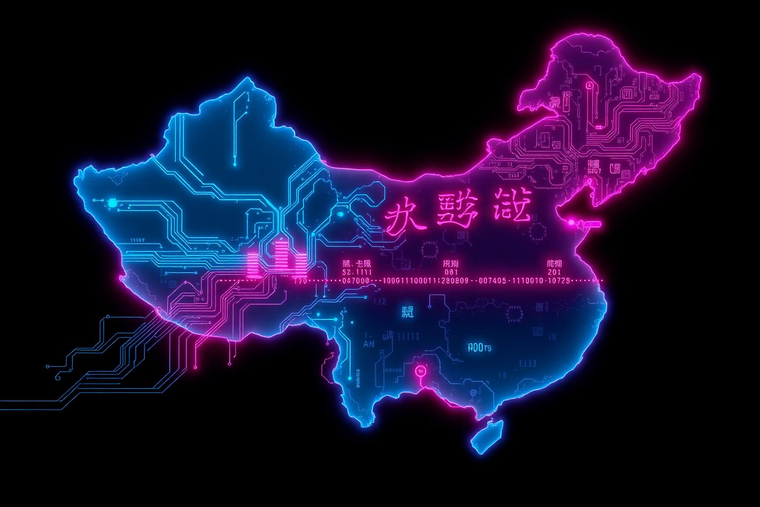Neon map of China with glowing cyan and magenta circuit traces representing a parallel AI stack