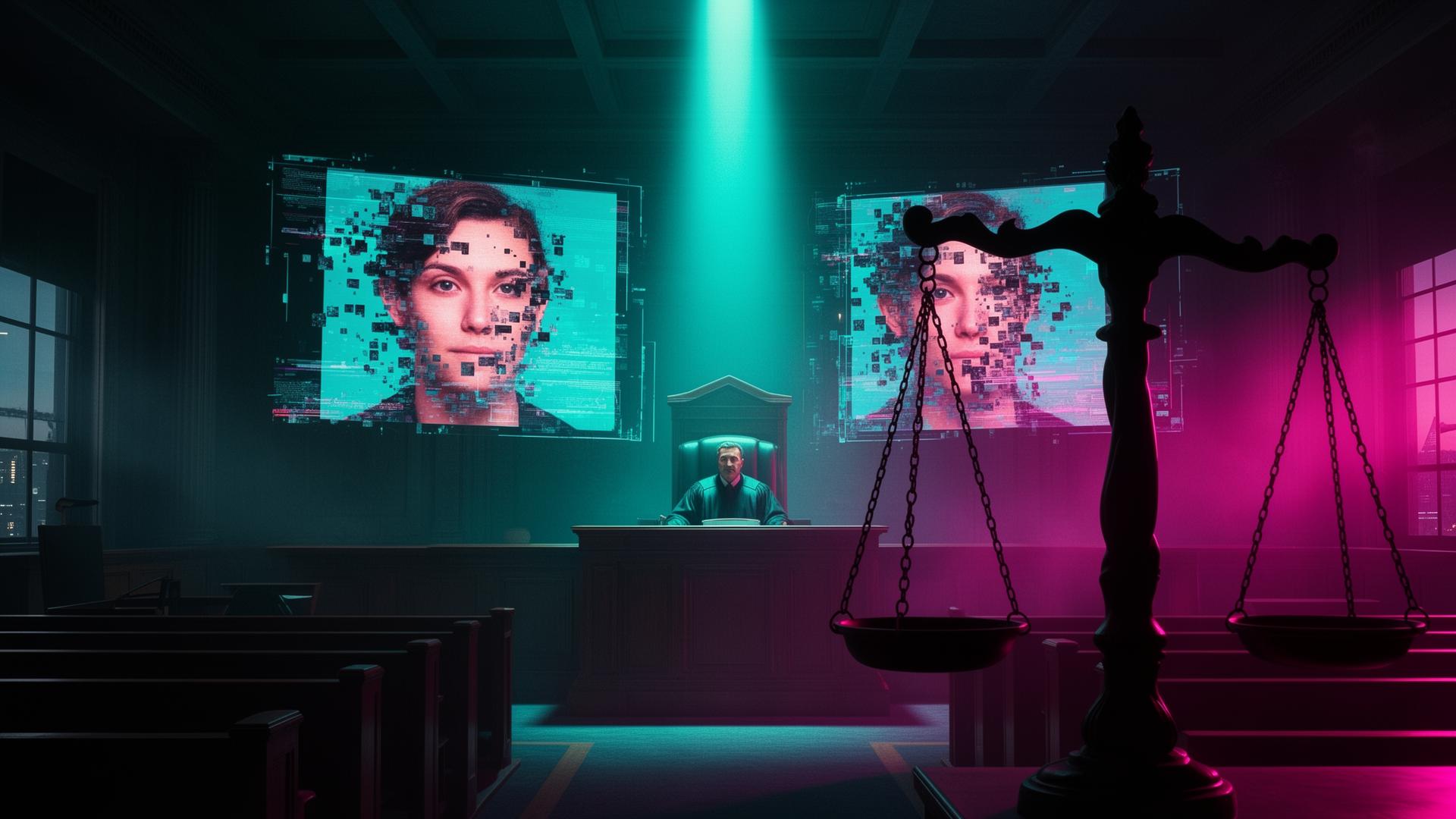 A dark Ohio federal courtroom at twilight with a neon-cyan light beam over the judge's bench and holographic deepfake video frames glitching in the air