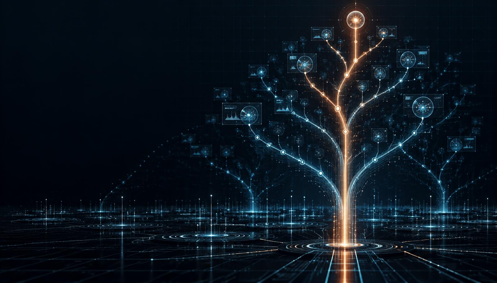 Branching AI discovery paths forming an evolving replay world