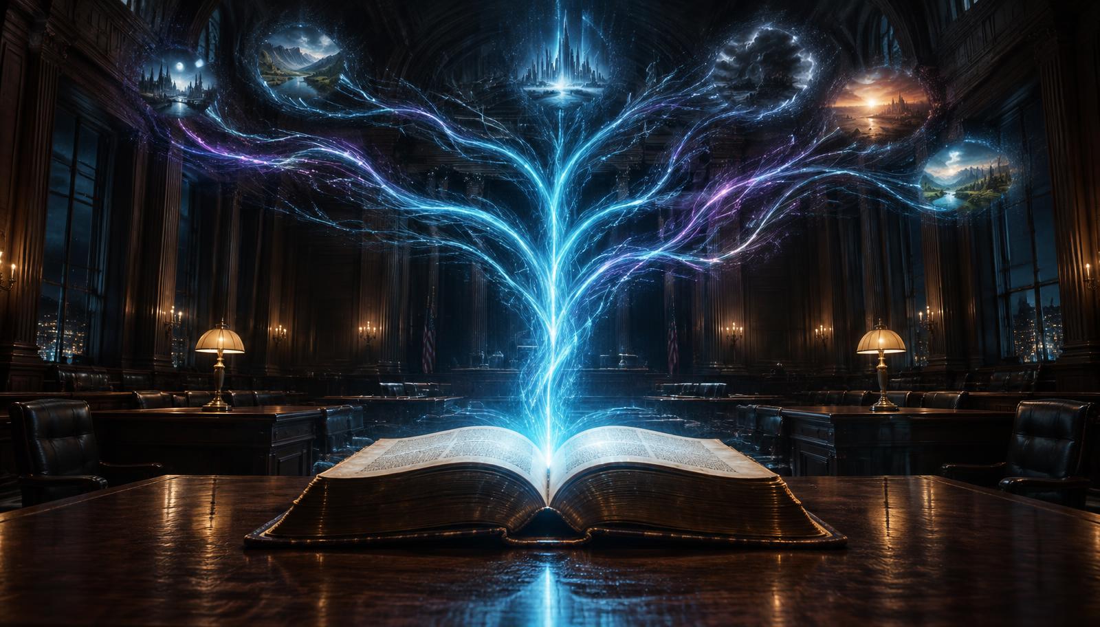 An open law book in a darkened courtroom releasing branching streams of light toward many possible futures