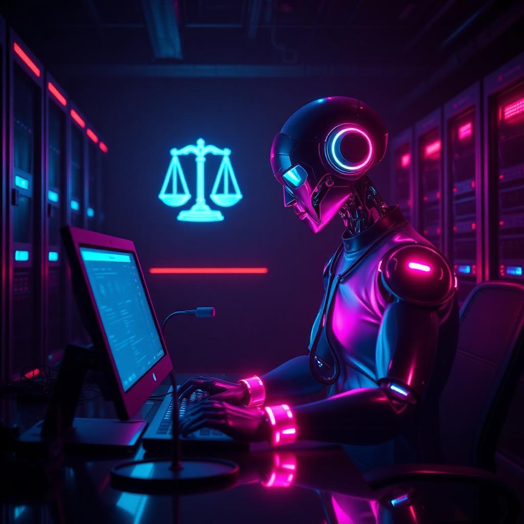 Autonomous robot paralegal working at a terminal in a dark server room with a neon scales-of-justice hologram