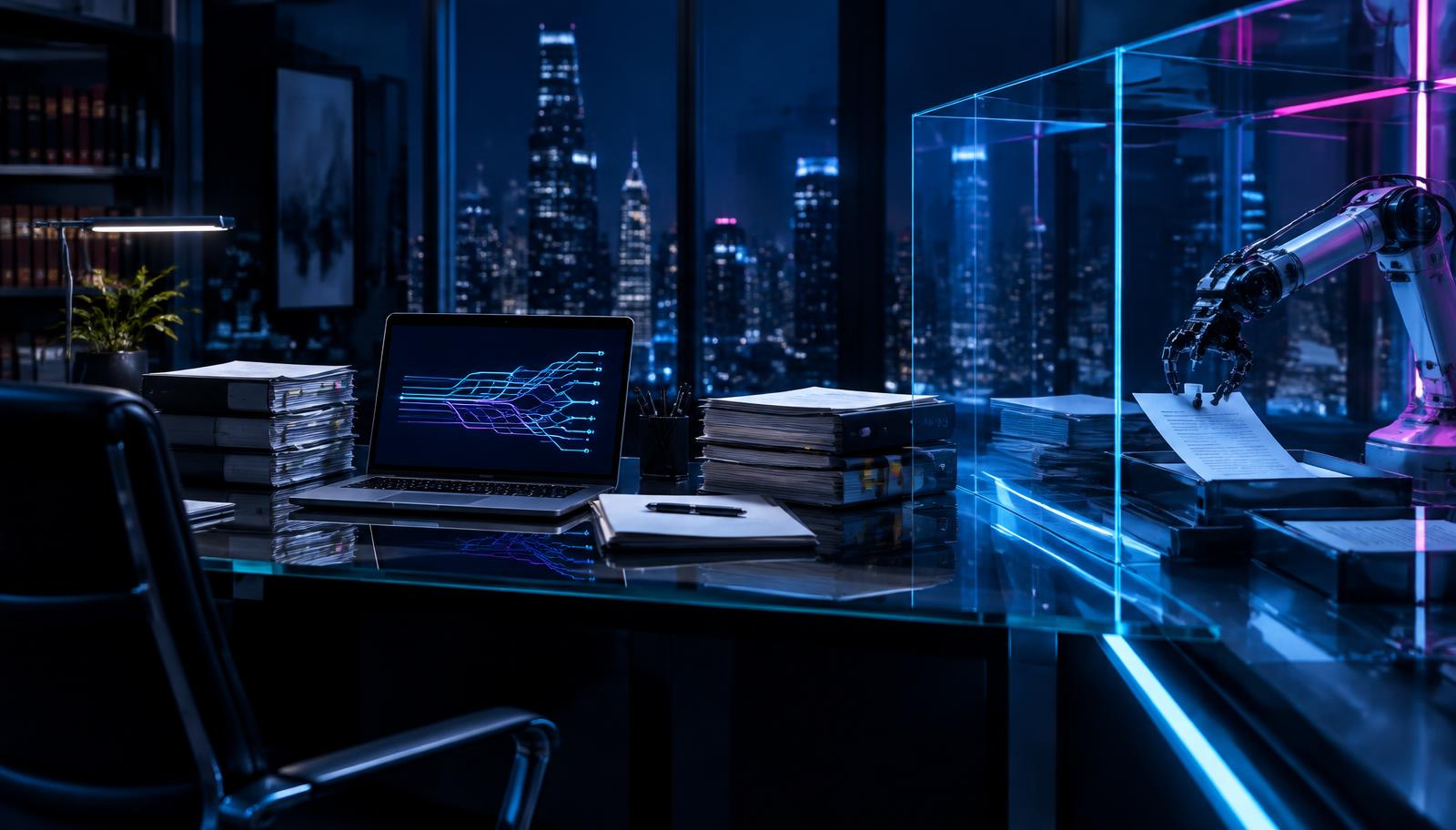 Legal case files and a workflow display beside a robotic arm separated from the workspace by a glass enclosure