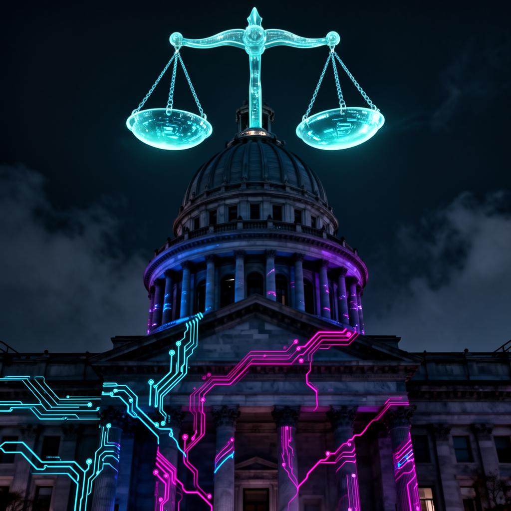 Ohio Statehouse with digital justice scales — AI ethics guide