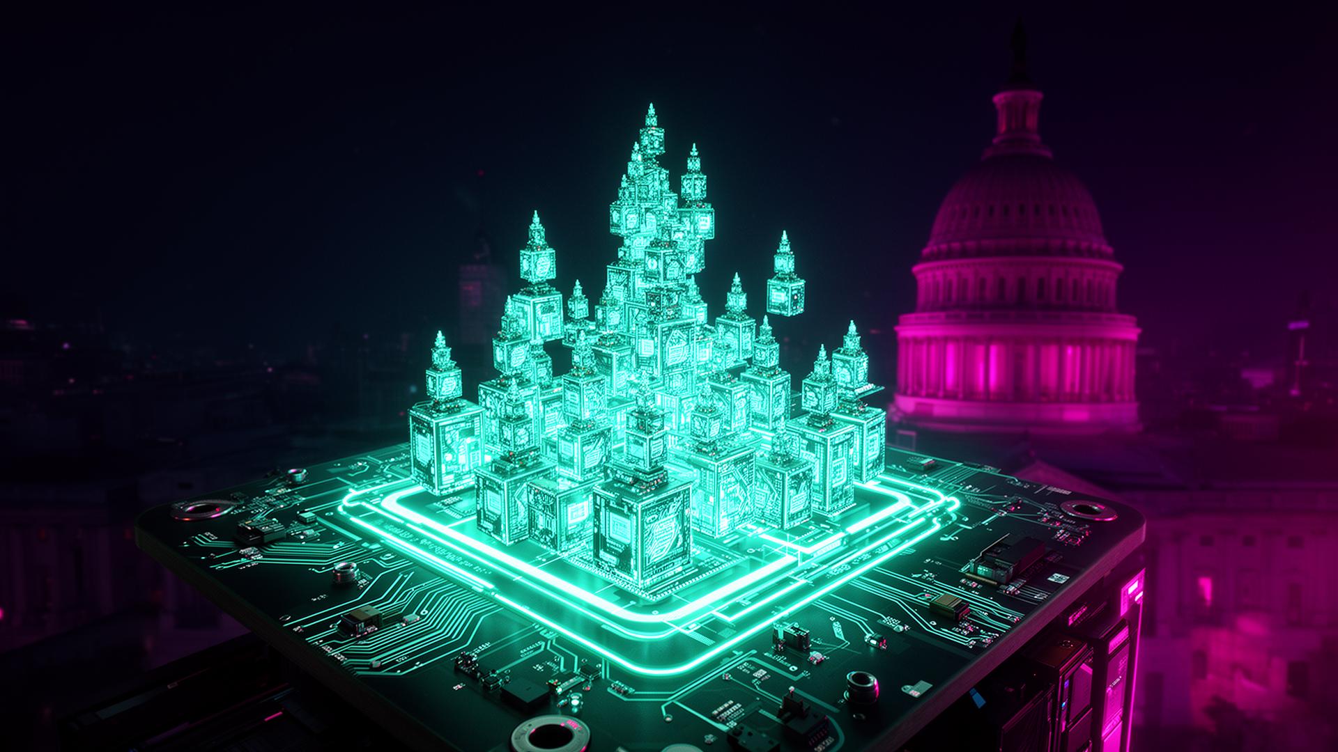 Neon circuit board recursively building itself with the U.S. Capitol dome in the background — recursive AI policy brief
