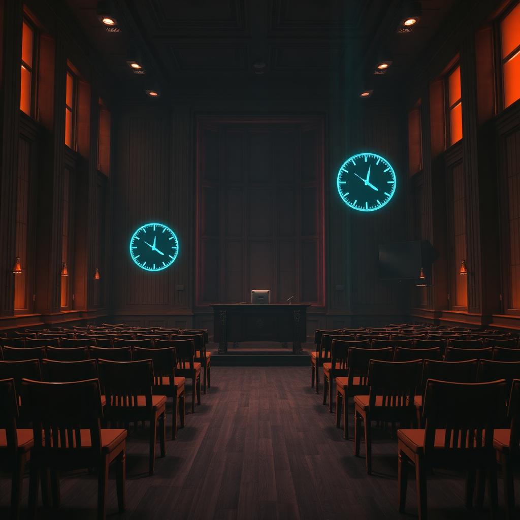 A dim, empty bar association hall with warm amber light and translucent cyan clocks hovering above vacant chairs, symbolizing time and community