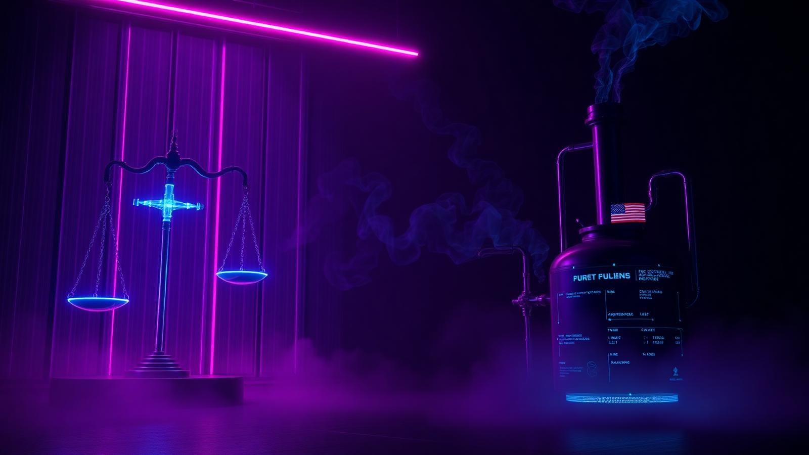 Neon scales of justice beside a distillation apparatus symbolizing AI model theft debate