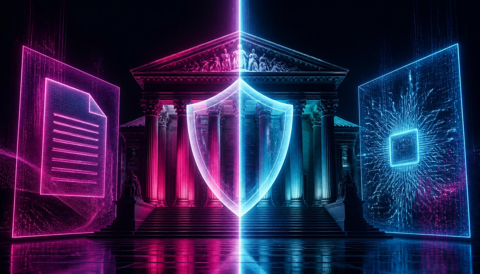 Courthouse, digital contract, and AI safety shield illustrating xAI's lawsuit against an alleged Grok user.