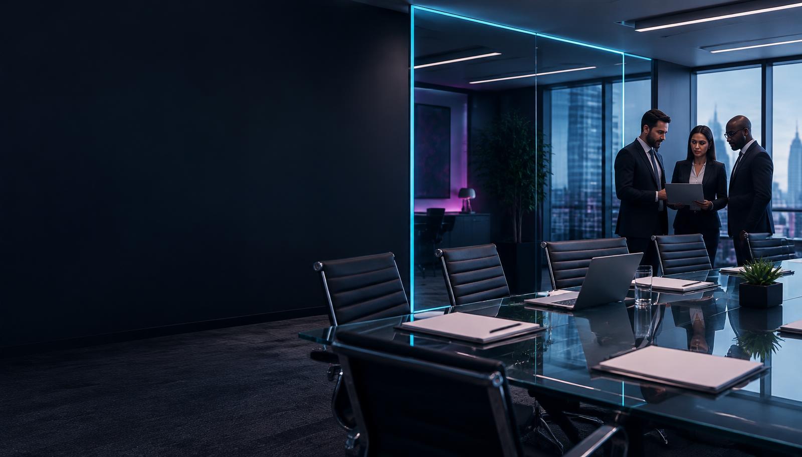A modern conference room with a team collaborating behind a glass partition