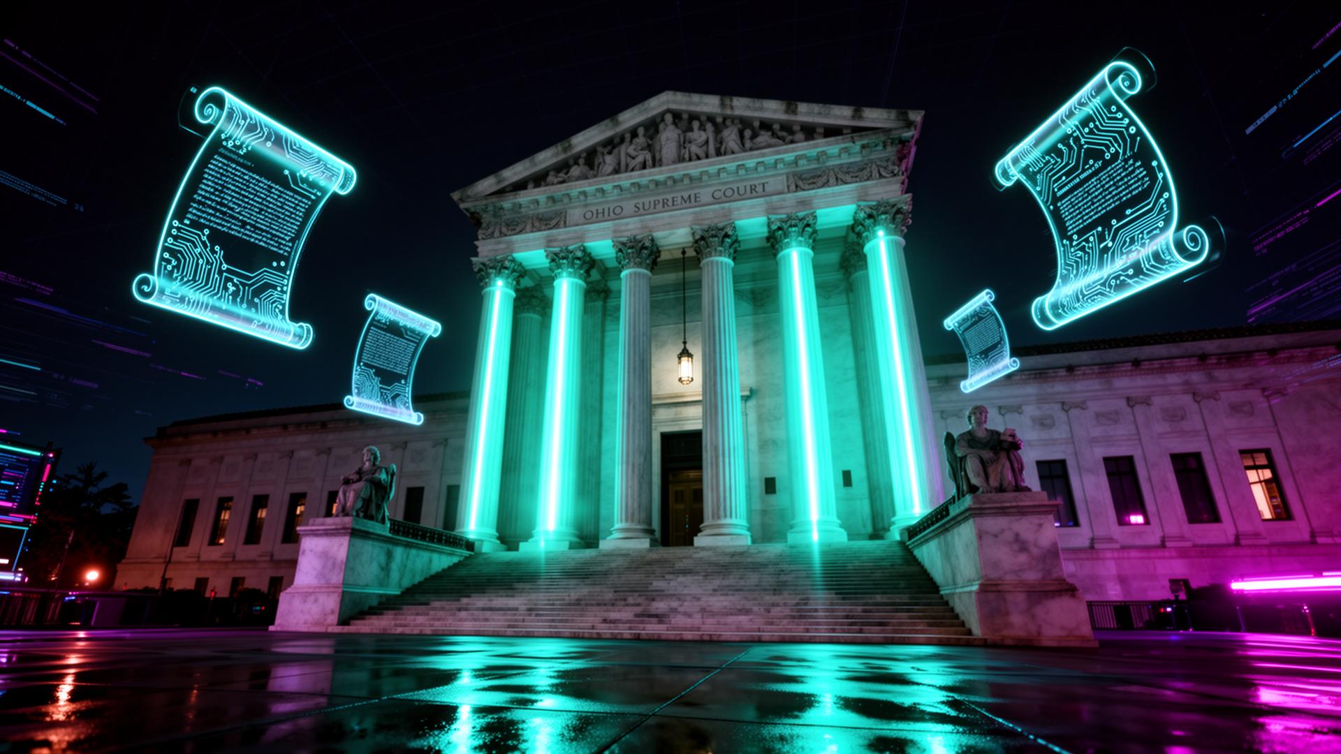 Ohio Supreme Court rendered in cyberpunk aesthetic with neon legal data streams