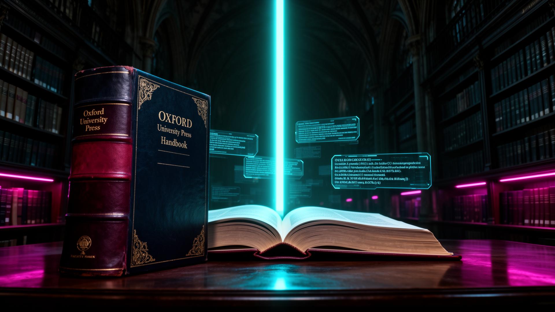 A weighty Oxford University Press handbook open on a dark mahogany desk in a cathedral-like law library, illuminated by a vertical neon-cyan light beam with floating holographic legal citations