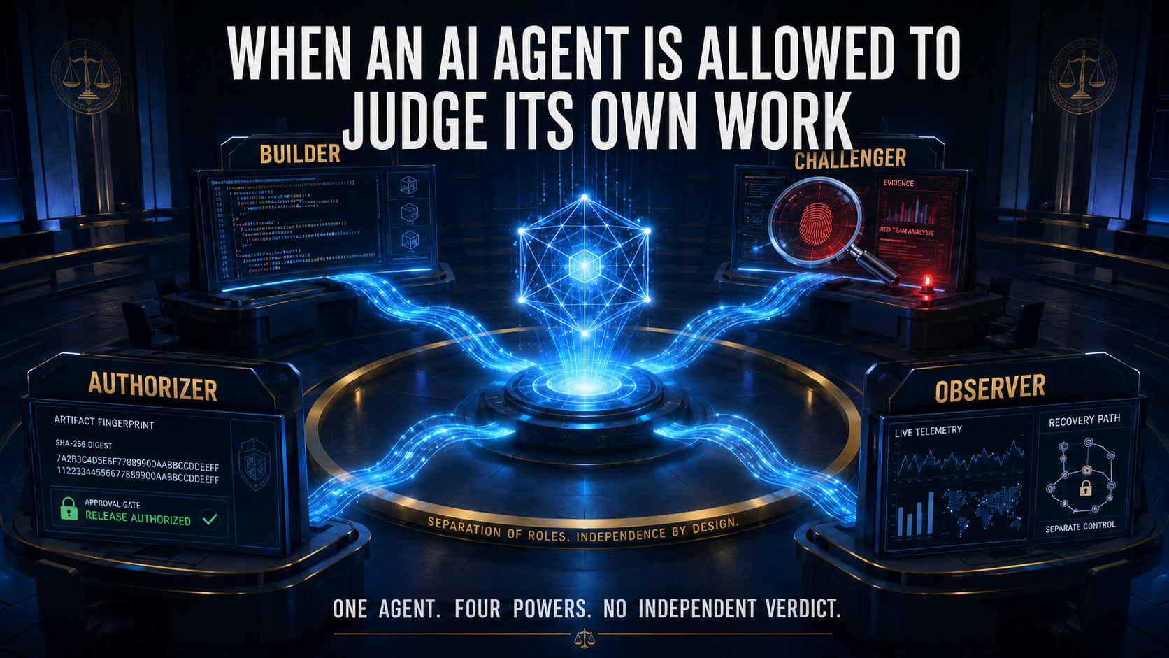 Four separated control stations labeled Builder, Challenger, Authorizer, and Observer surrounding a single glowing AI core