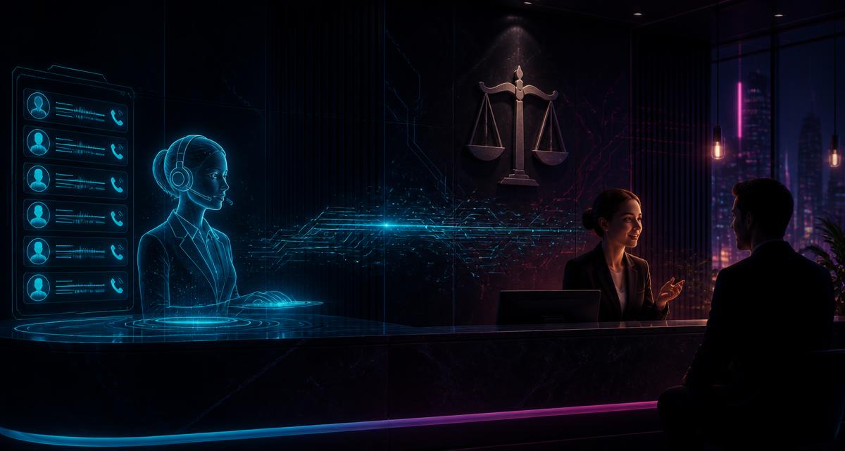 A law firm reception at night: a glowing cyan AI assistant panel handling the call queue on one side, a human attorney in conversation on the other, joined by a circuit rail