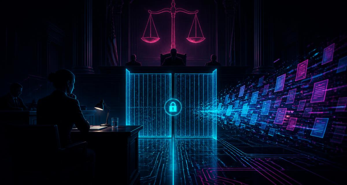 A darkened federal courtroom with a glowing locked cyan gate standing between the defense counsel table and a stream of neon discovery documents