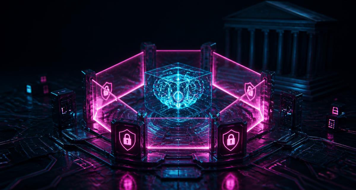 Neon-cyan autonomous AI agent core enclosed in a hexagonal containment sandbox with magenta policy gates