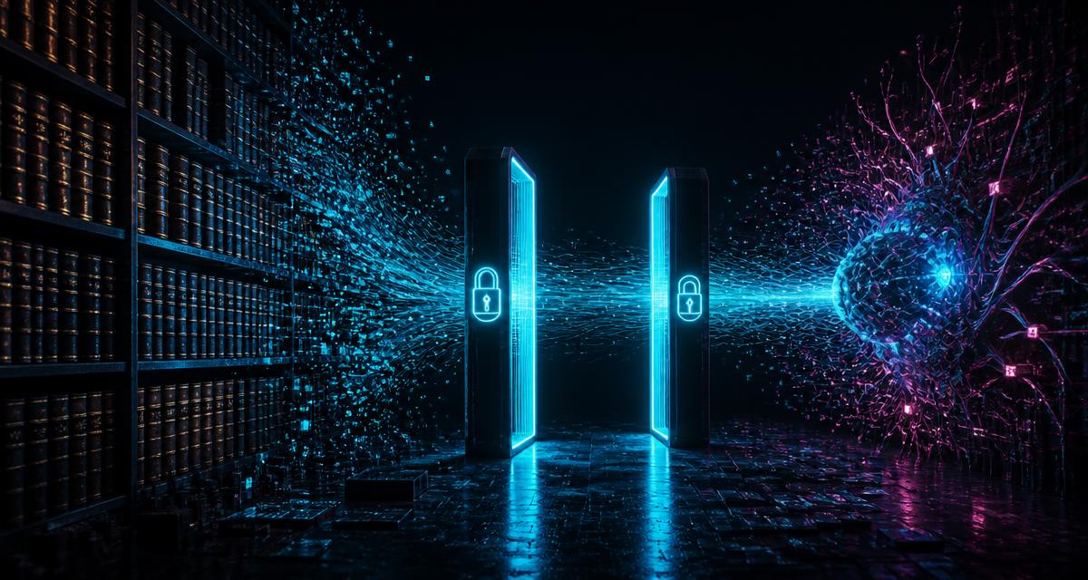 Shelves of legal treatises dissolving into cyan data streams that pass through two glowing locked gates into a neural network core